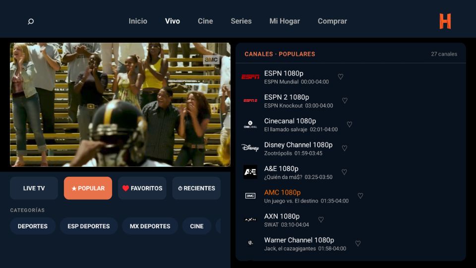 HogarTV en Smart TV mostrando canales en vivo (ESPN, Disney, AMC, Warner)