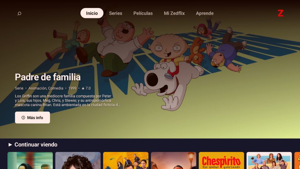 Zedflix en Smart TV: hero animado con Padre de familia + Continuar viendo